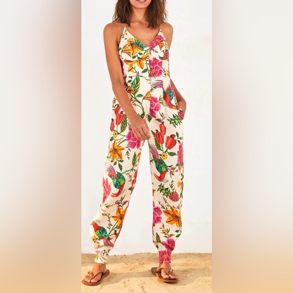 FARM Rio Pants - Farm Rio toucans garden halter neck floral jumpsuit size xs NWOT